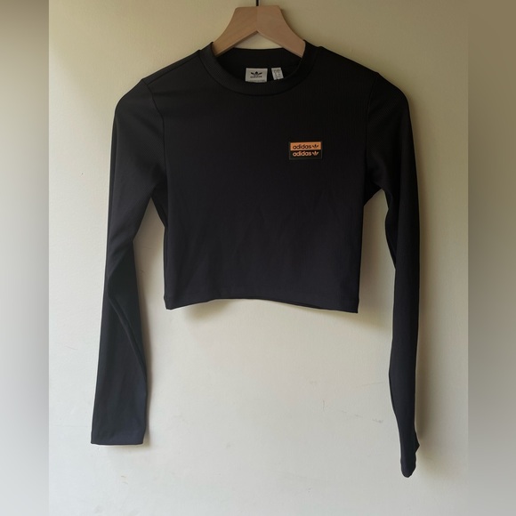 Adidas Black Ribbed Long Sleeve Crop Top - Picture 1 of 3
